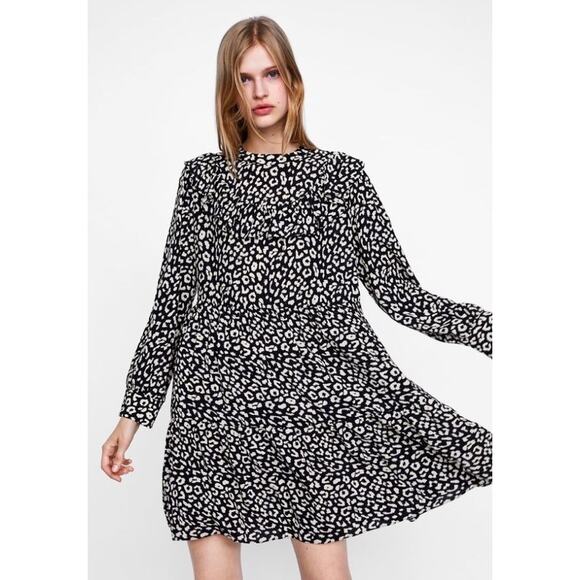 ZARA Black Cream Leopard Animal Print Long Sleeve Ruffle Mini A-line Dress XS - Picture 3 of 8